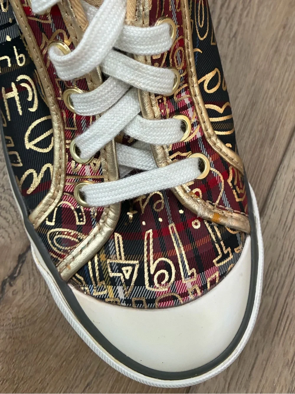 Coach Barrett plaid graffiti gold metallic low top sneakers